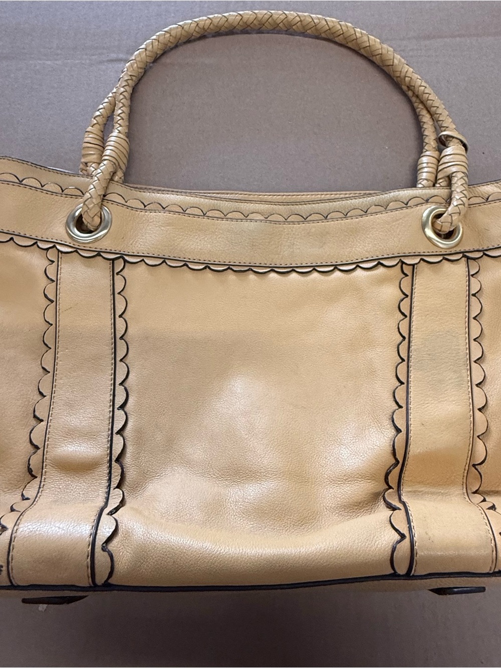 Laura Ashley Scalloped Trim Tan Leather Tote with Braided Handles
